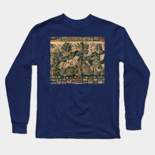 FANTASTIC ANIMALS AND HORSES IN WOODLAND Blue Green Ivory Antique French Tapestry Long Sleeve T-Shirt